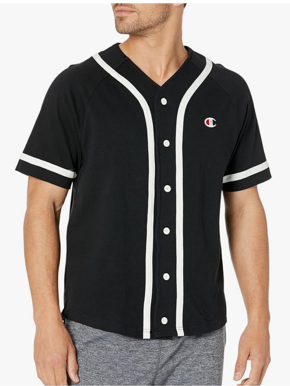 Champion Men's Black Short-Sleeve Baseball Button-Up Shirt with White Piping